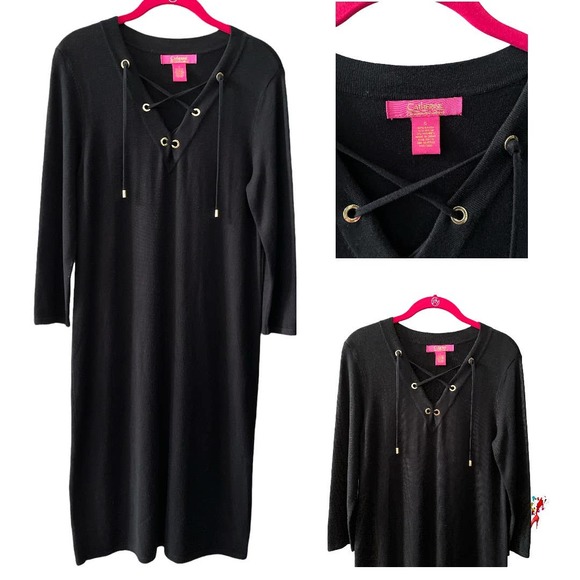 Sweater Dress Black Classy Gold Lace Up Tie front Upscale Catherine Malandrino - Picture 6 of 6